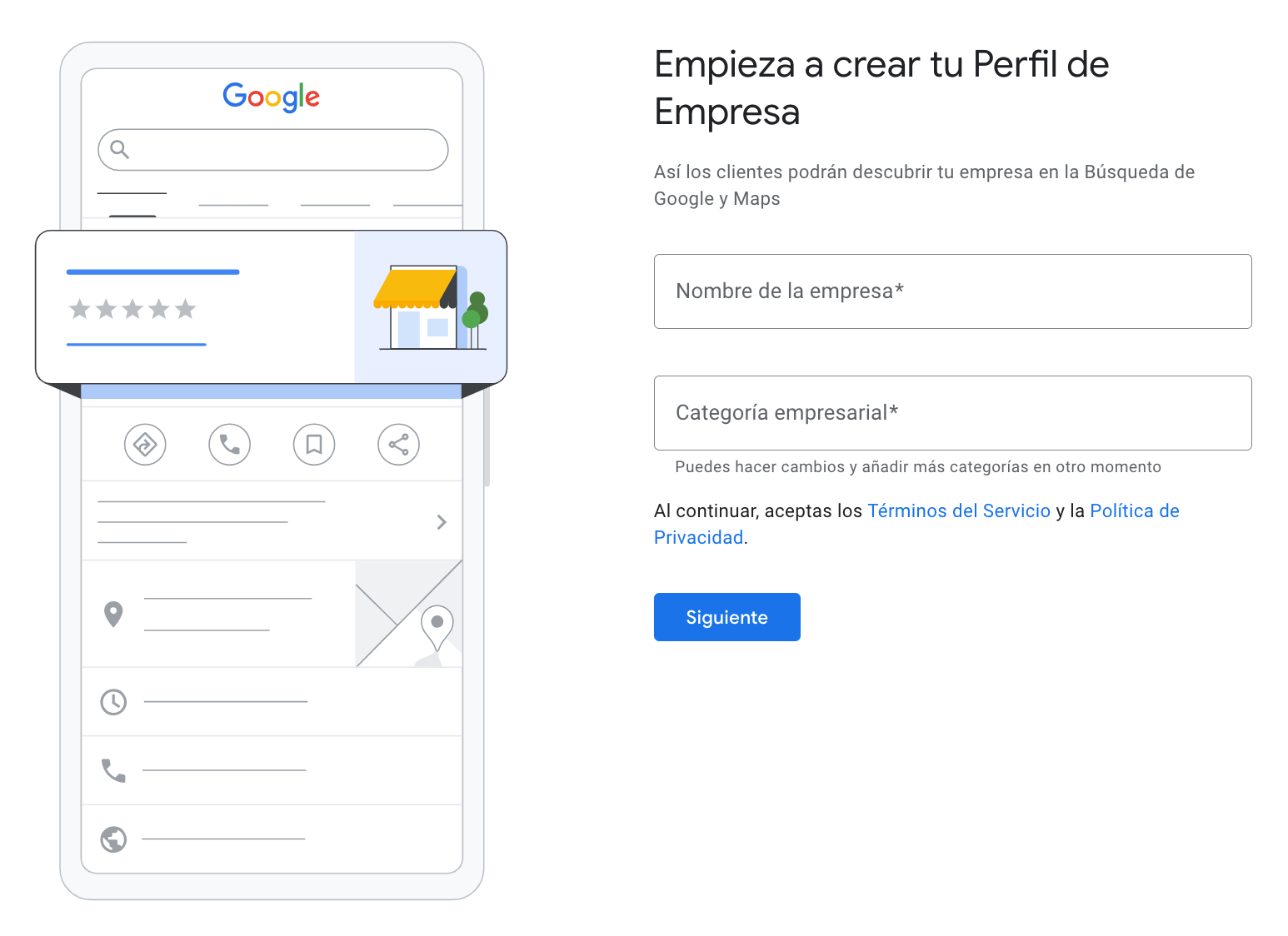 Nombre y categoría del negocio en Google business Profile