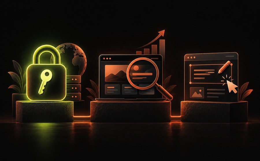 Ilustración de las tres claves para elegir agencia de diseño web: propiedad, SEO y edición
